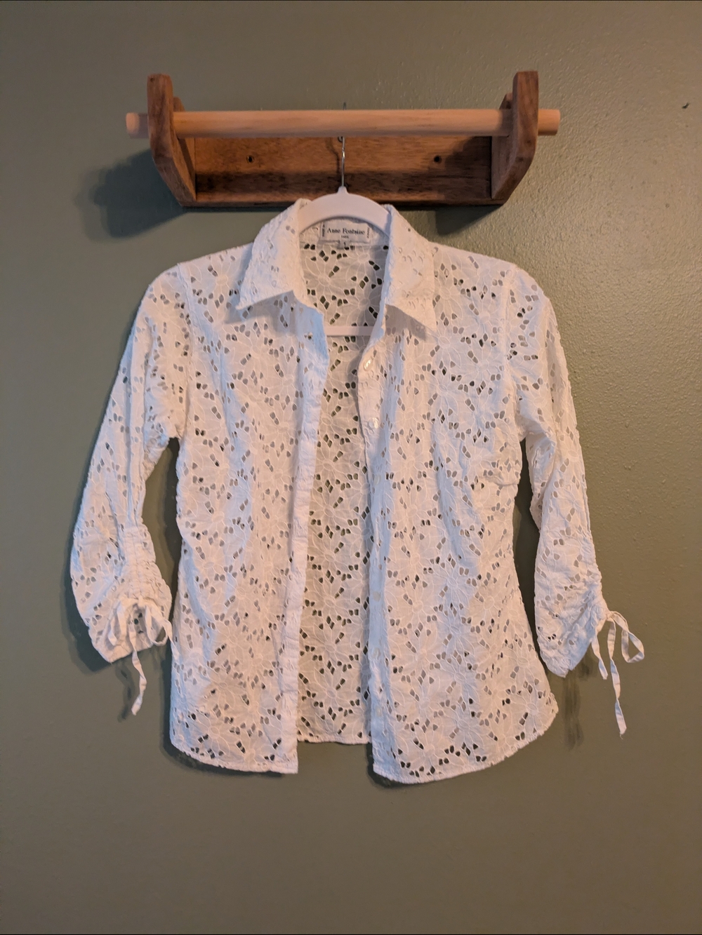 Anne Fontaine Paris France Vintage Cotton Lace White Eyelet Button-Up Shirt Sz 1
